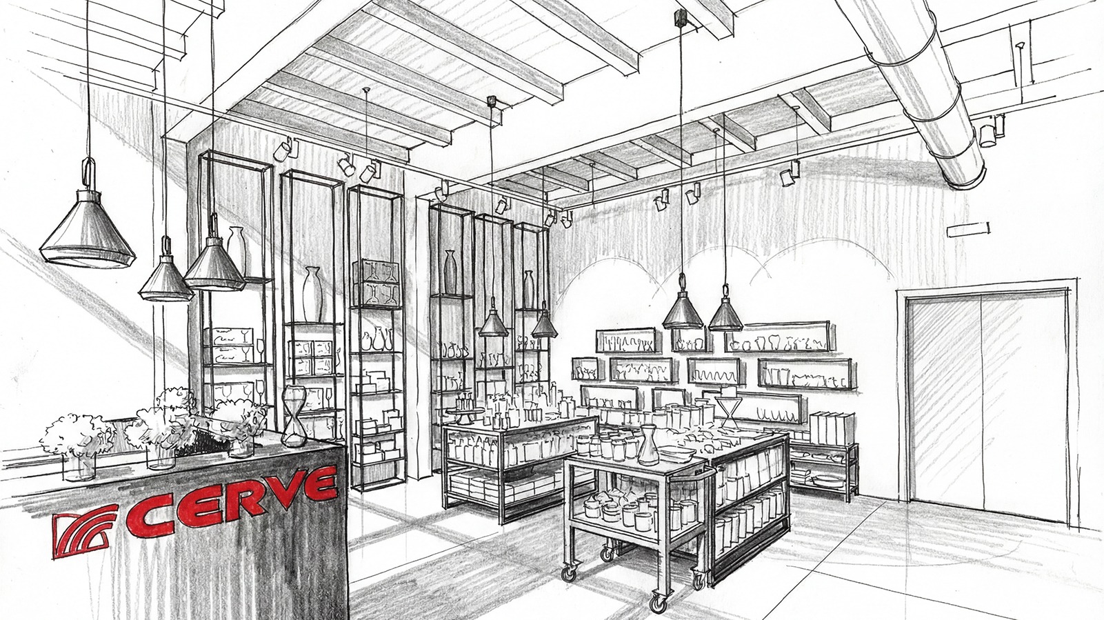 Schizzo dello spazio interno CERVE Shop