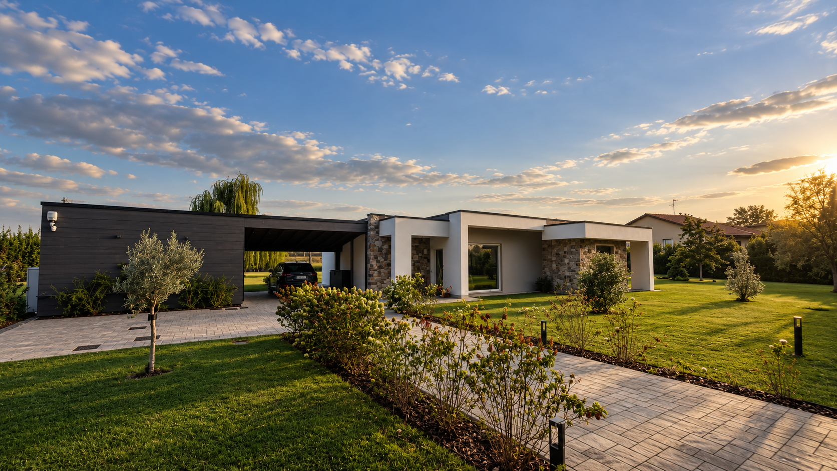 Villa A|M, arrivo alla casa e carport al tramonto