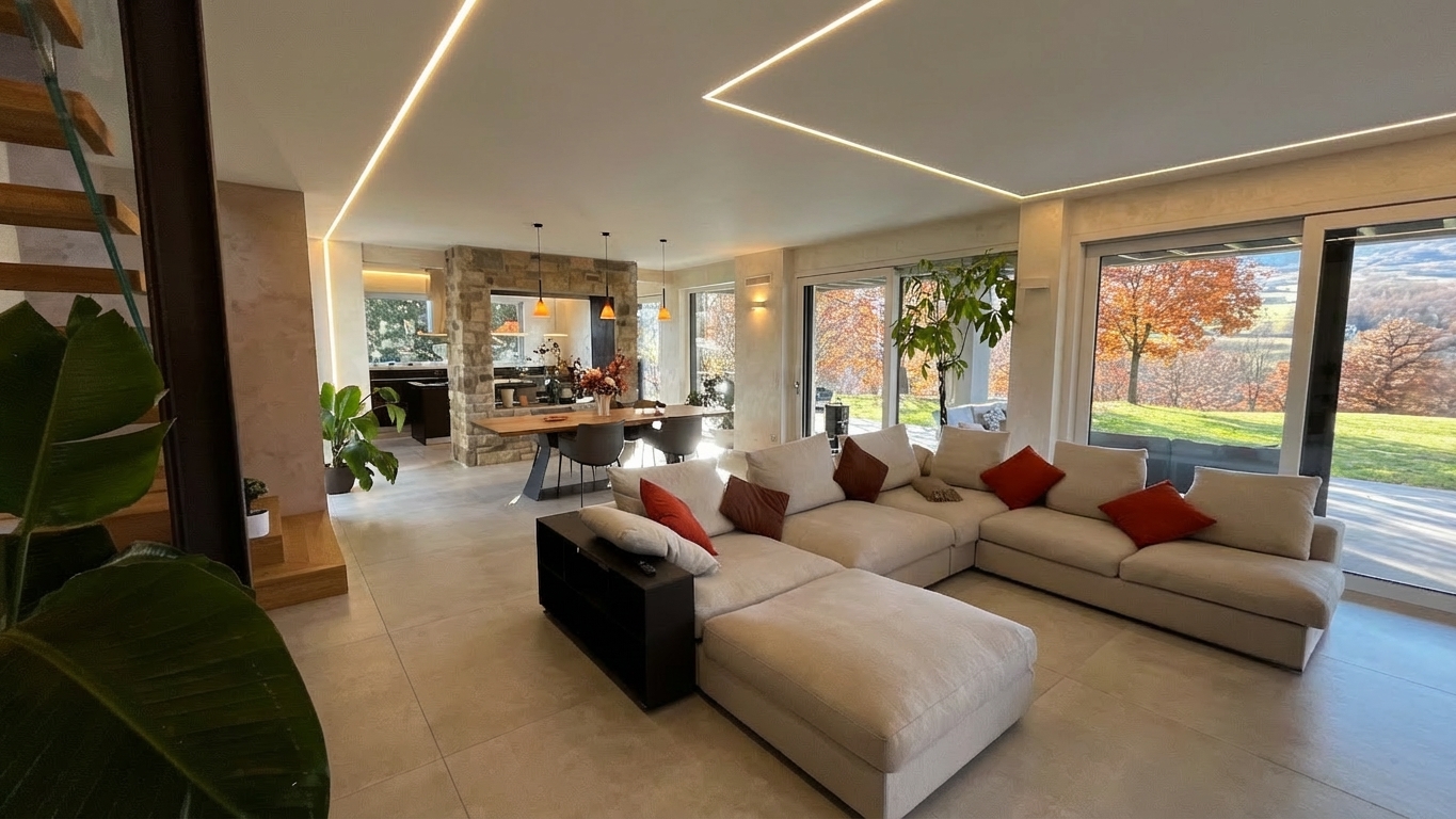 La zona giorno di Villa E|L con soggiorno, pranzo e cucina in relazione