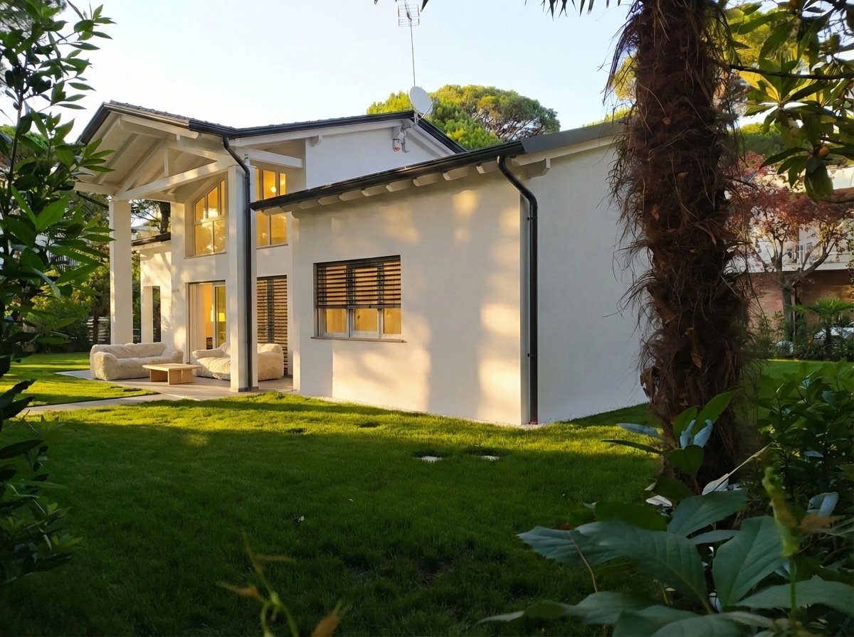 Vista laterale del giardino di Villa S, con portico coperto e alberi maturi conservati